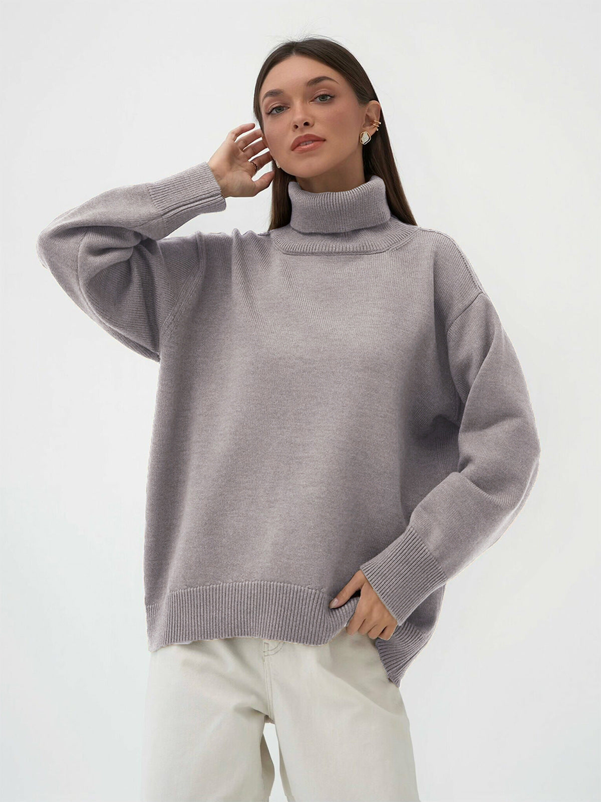 Adiffu Autumn Winter Solid Color Loose Knitted Sweater