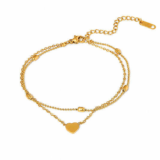 Boho Double Layer Heart Pendant Anklet-Gold Stainless Steel