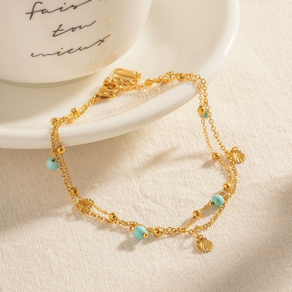 French Vintage Turquoise Shell Tassel Layered Anklet