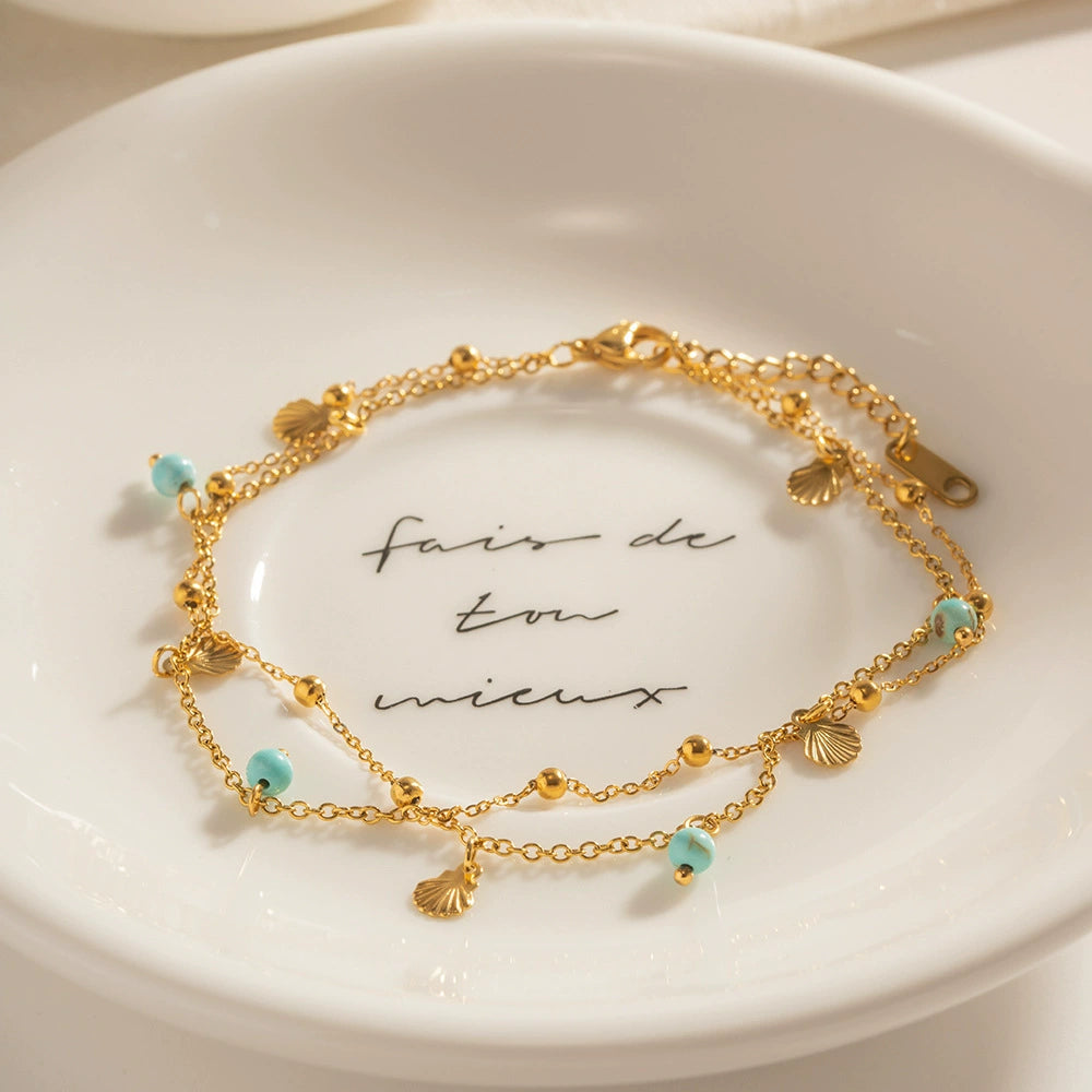 French Vintage Turquoise Shell Tassel Layered Anklet