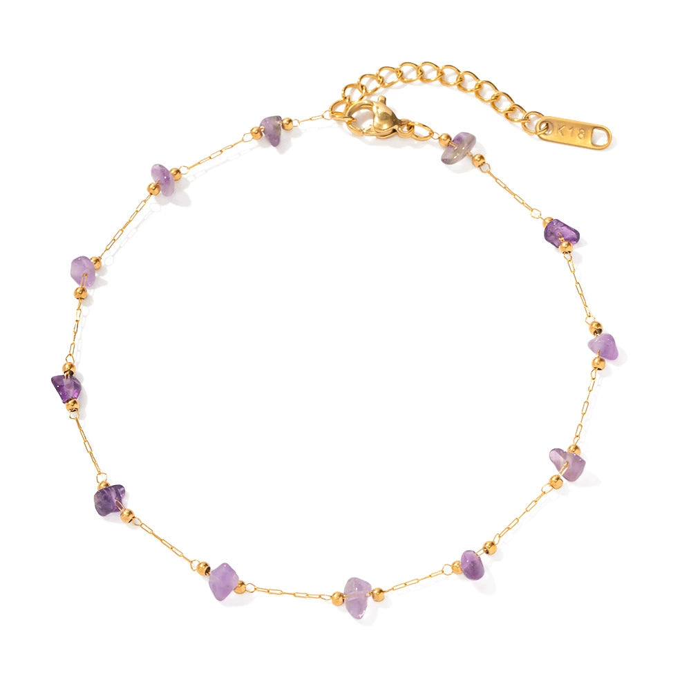 Women's Purple Natural Stone Anklet-18K Gold Plated Stainless Steel Summer Jewelry