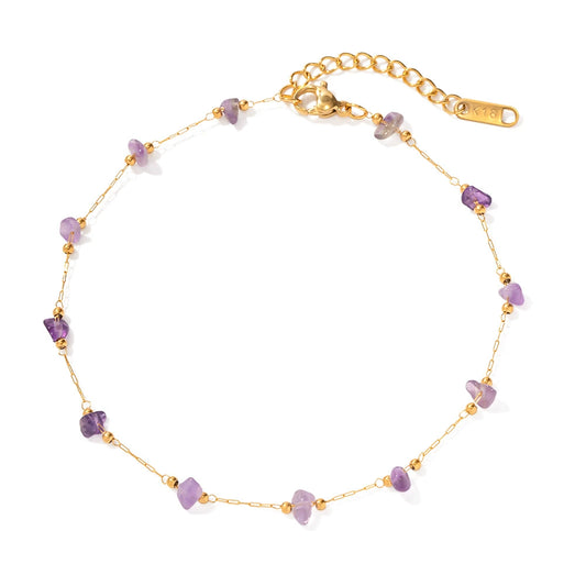 Women's Purple Natural Stone Anklet-18K Gold Plated Stainless Steel Summer Jewelry
