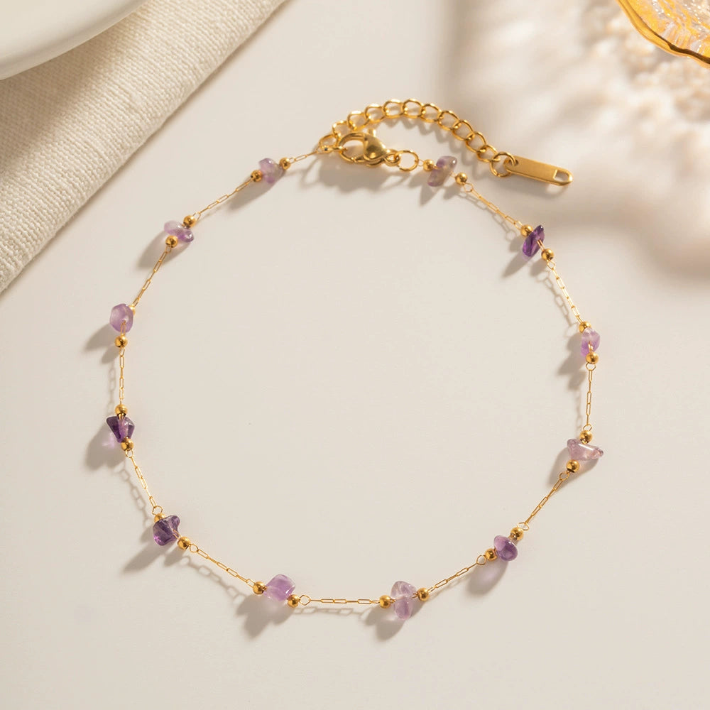 Women's Purple Natural Stone Anklet-18K Gold Plated Stainless Steel Summer Jewelry