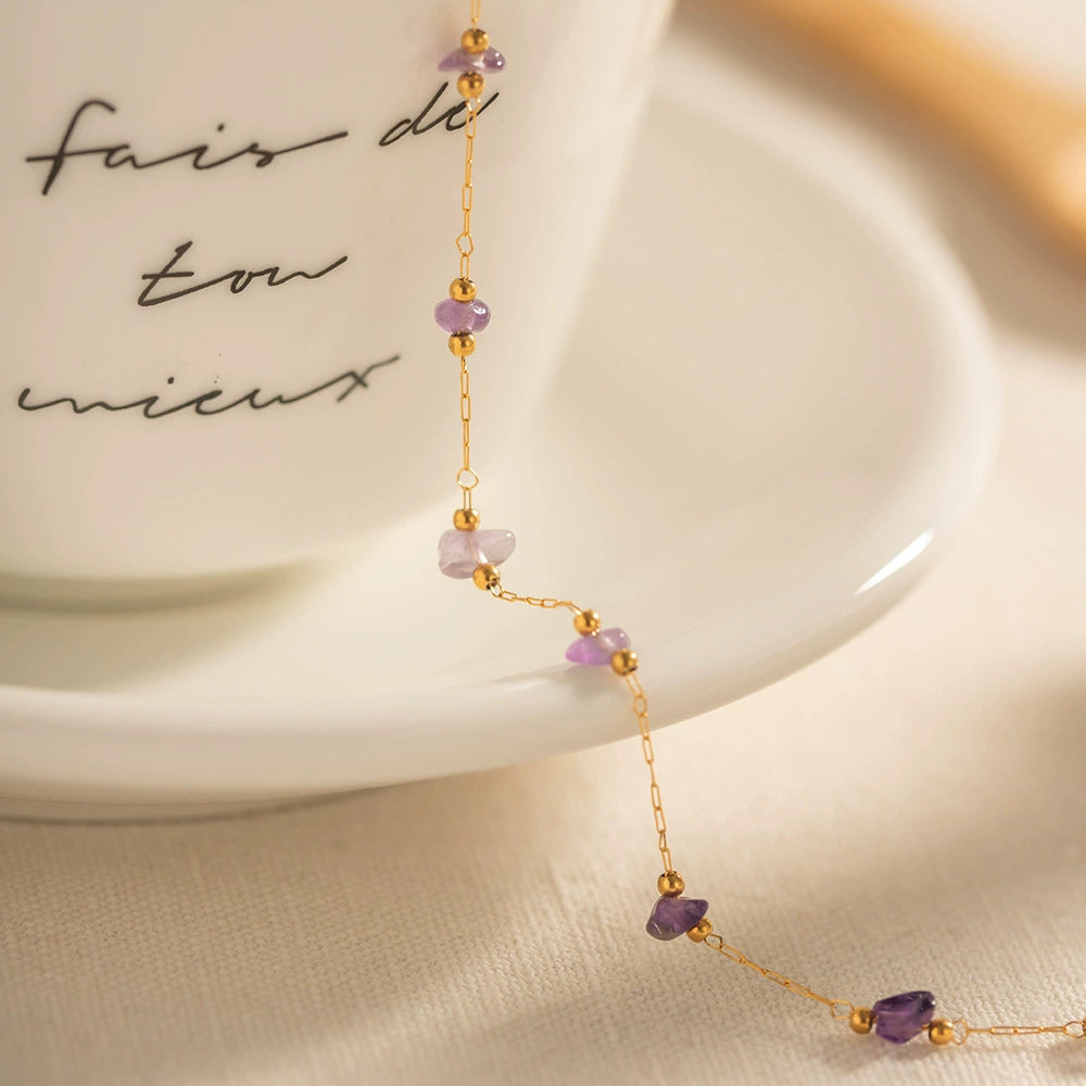 Women's Purple Natural Stone Anklet-18K Gold Plated Stainless Steel Summer Jewelry