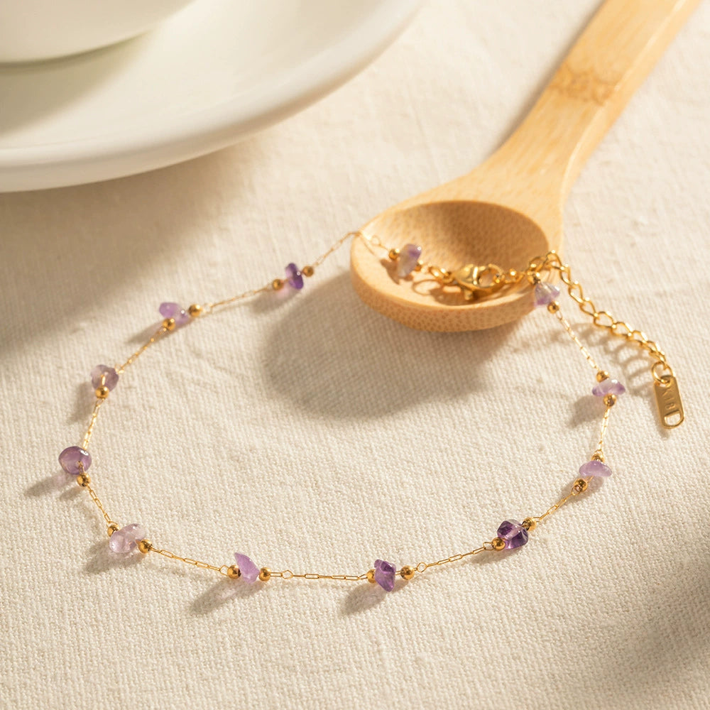Women's Purple Natural Stone Anklet-18K Gold Plated Stainless Steel Summer Jewelry