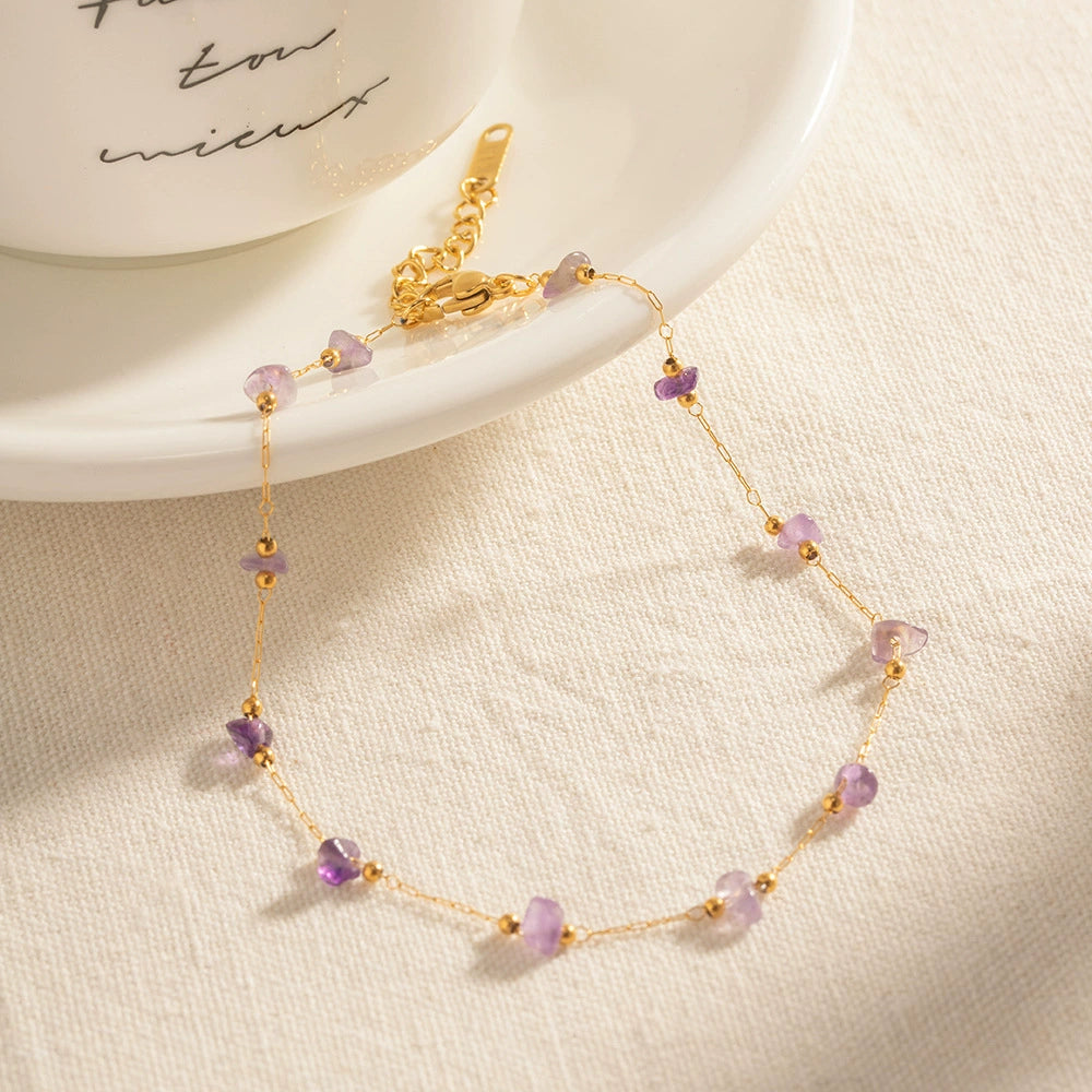 Women's Purple Natural Stone Anklet-18K Gold Plated Stainless Steel Summer Jewelry