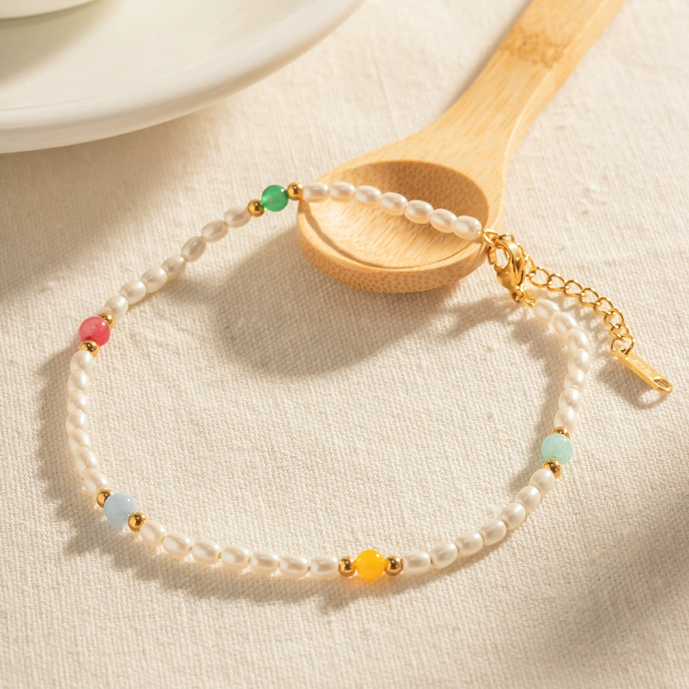 Beach Bohemian Pearl & Color Gem Anklet for Women
