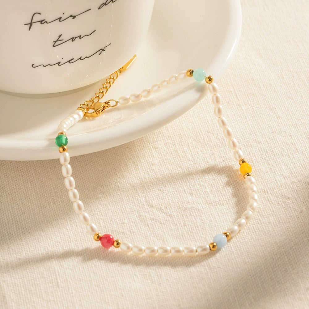Beach Bohemian Pearl & Color Gem Anklet for Women