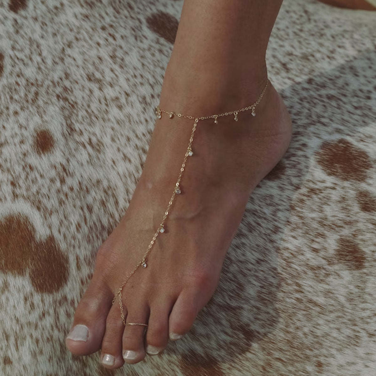 Modern Zircon Linked Finger Anklet Chain-Stainless Steel Gold Plated