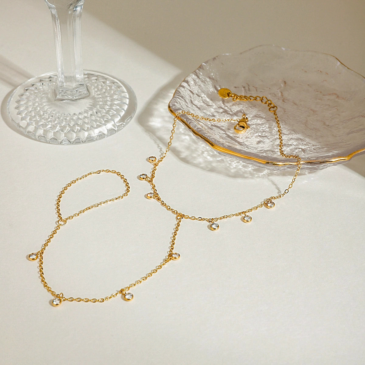 Modern Zircon Linked Finger Anklet Chain-Stainless Steel Gold Plated