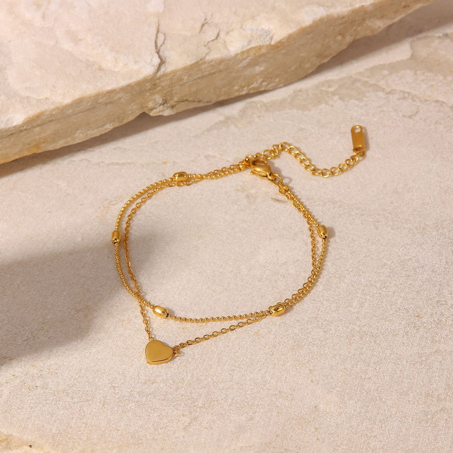 Boho Double Layer Heart Pendant Anklet-Gold Stainless Steel