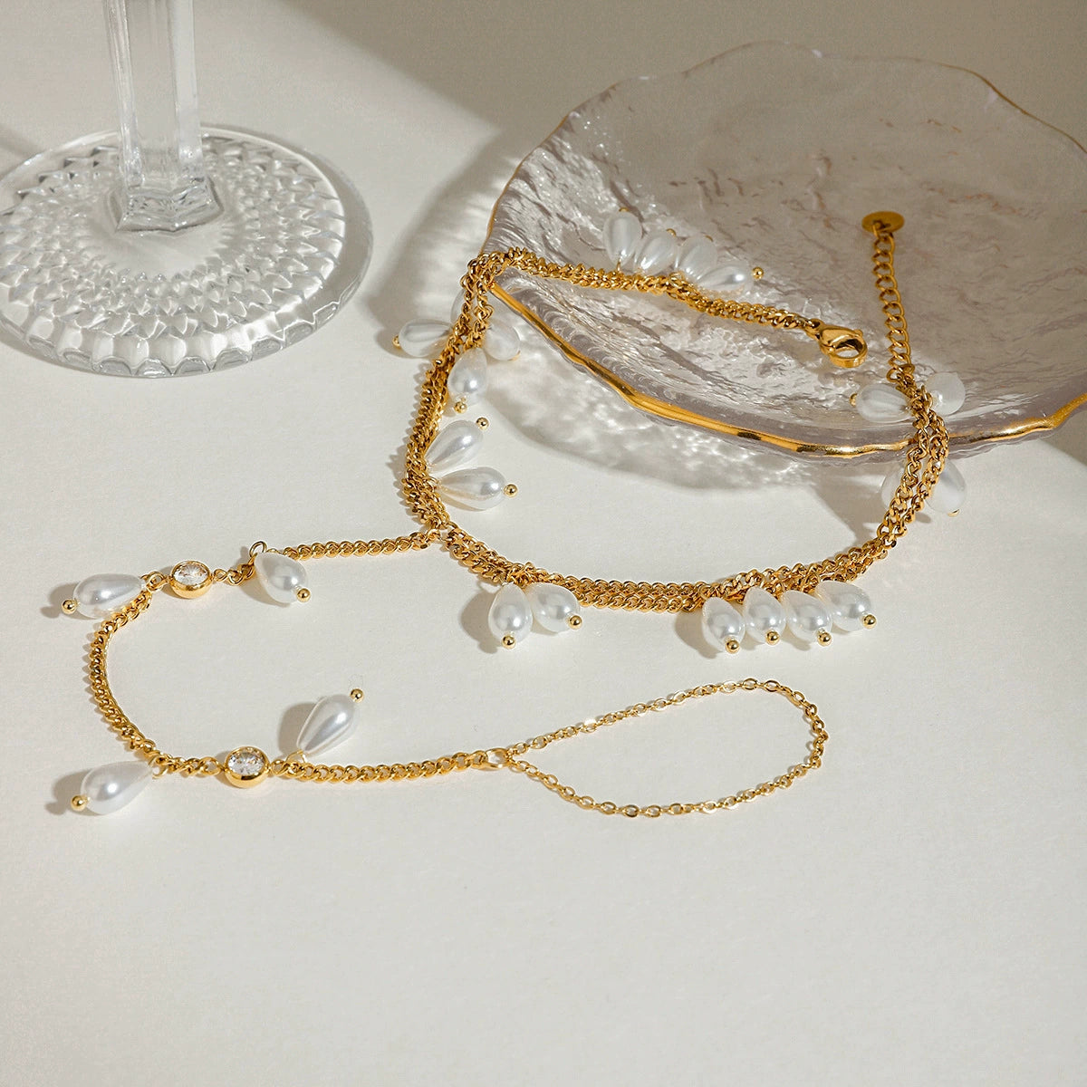 Minimalist Layered Pearl & Zircon Anklet Chain-Gold Stainless Steel