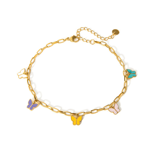 Chic Color Drop Butterfly Anklet-Waterproof Gold Steel