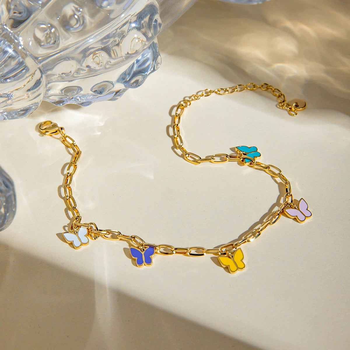 Chic Color Drop Butterfly Anklet-Waterproof Gold Steel
