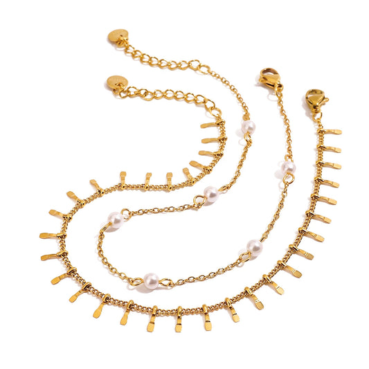 Women’s Double Layer Freshwater Pearl Anklet-Waterproof Stainless Steel Beach & Summer Jewelry