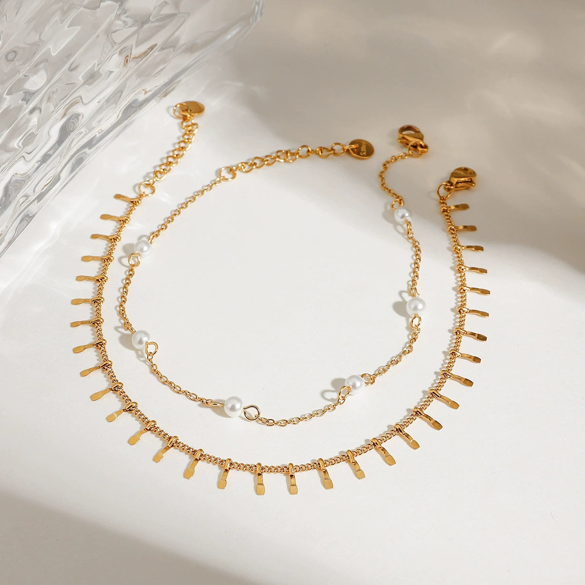 Women’s Double Layer Freshwater Pearl Anklet-Waterproof Stainless Steel Beach & Summer Jewelry