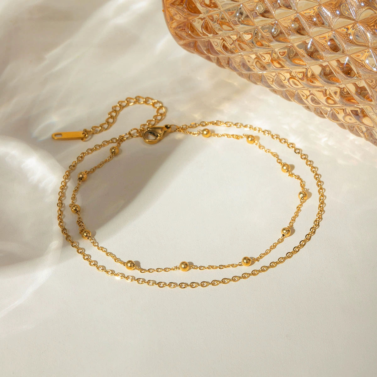 Double Layer Beaded Anklet for Women-18K Gold Stainless Steel