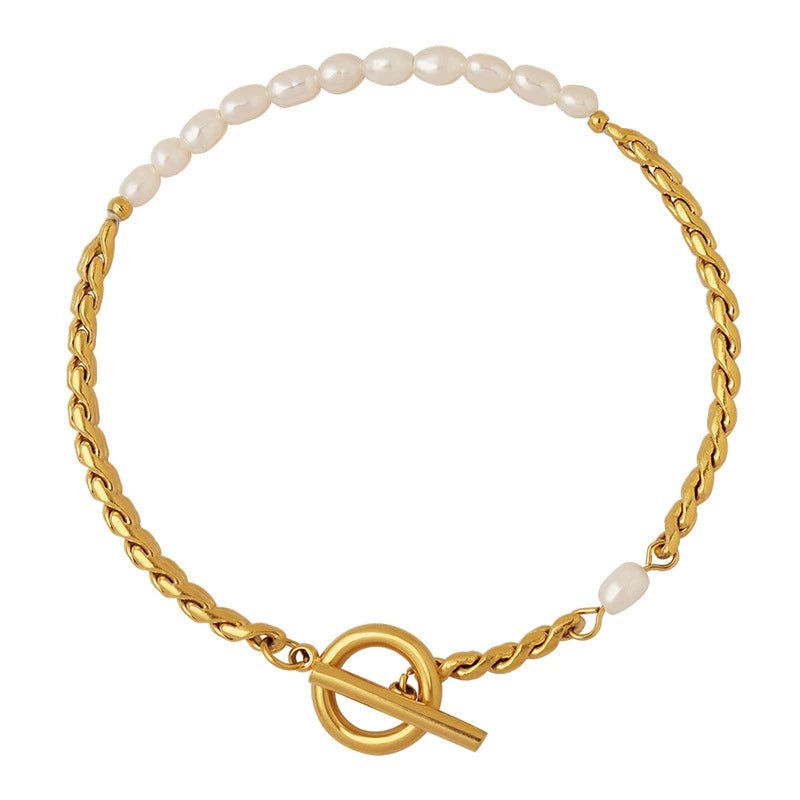 Korean Chic Pearl OT Lock Bracelet-18K Gold Stainless Steel