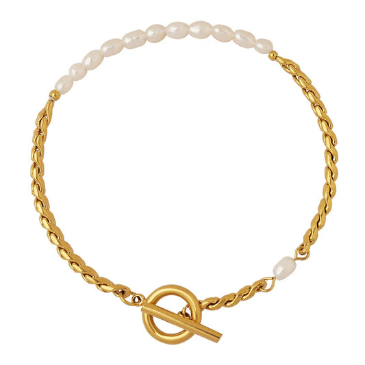 Korean Chic Pearl OT Lock Bracelet-18K Gold Stainless Steel