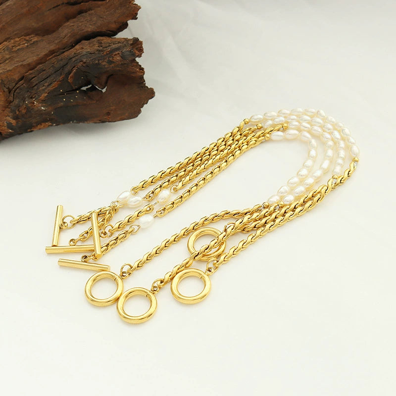 Korean Chic Pearl OT Lock Bracelet-18K Gold Stainless Steel