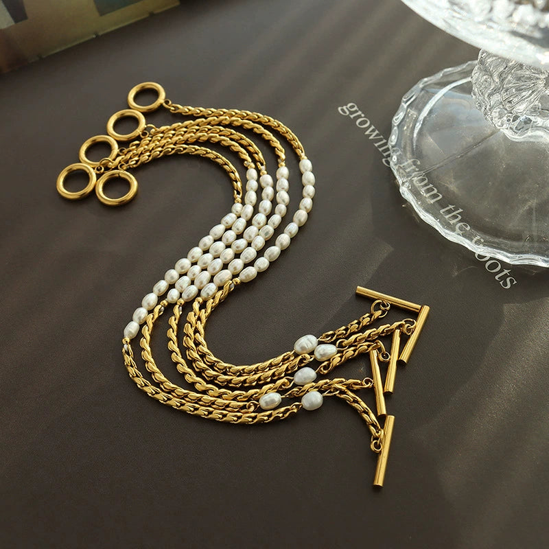 Korean Chic Pearl OT Lock Bracelet-18K Gold Stainless Steel