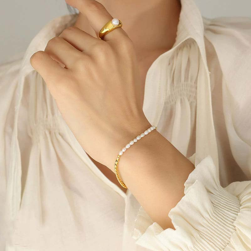 Korean Chic Pearl OT Lock Bracelet-18K Gold Stainless Steel