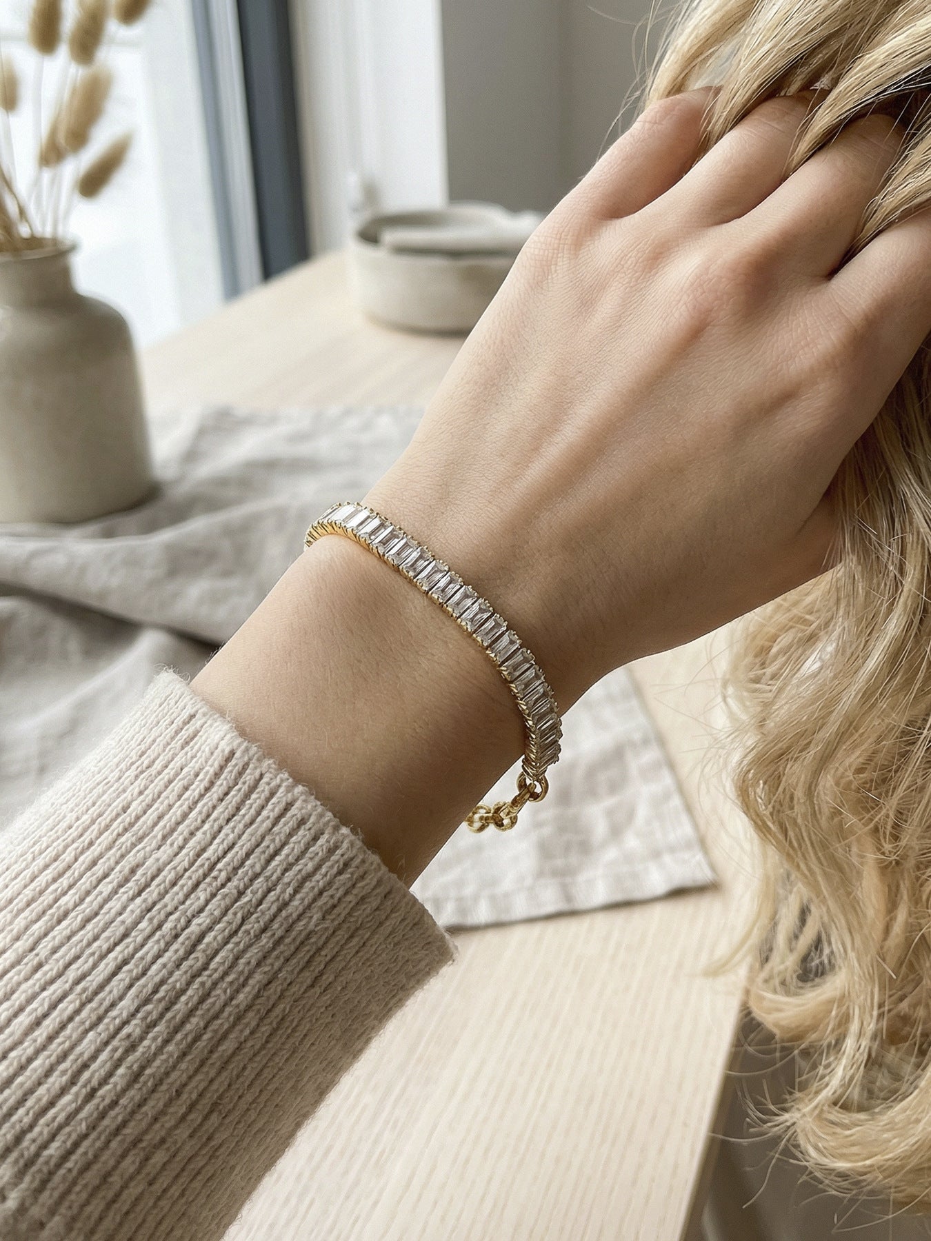 Elegant Zircon Beaded Chain Bracelet-Gold Stainless Steel