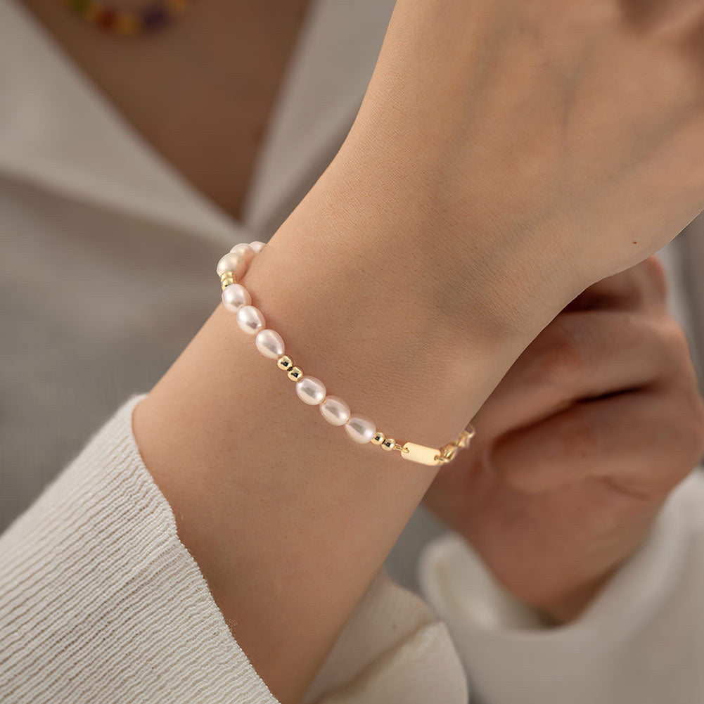 LumiPearl™ S925 Sterling Silver Gold Bead Freshwater Pearl Adjustable Bracelet