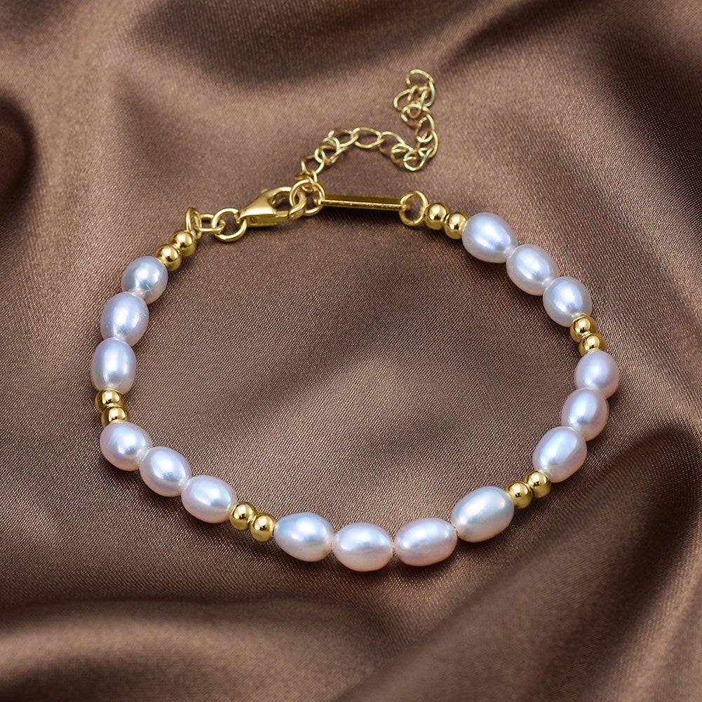 LumiPearl™ S925 Sterling Silver Gold Bead Freshwater Pearl Adjustable Bracelet