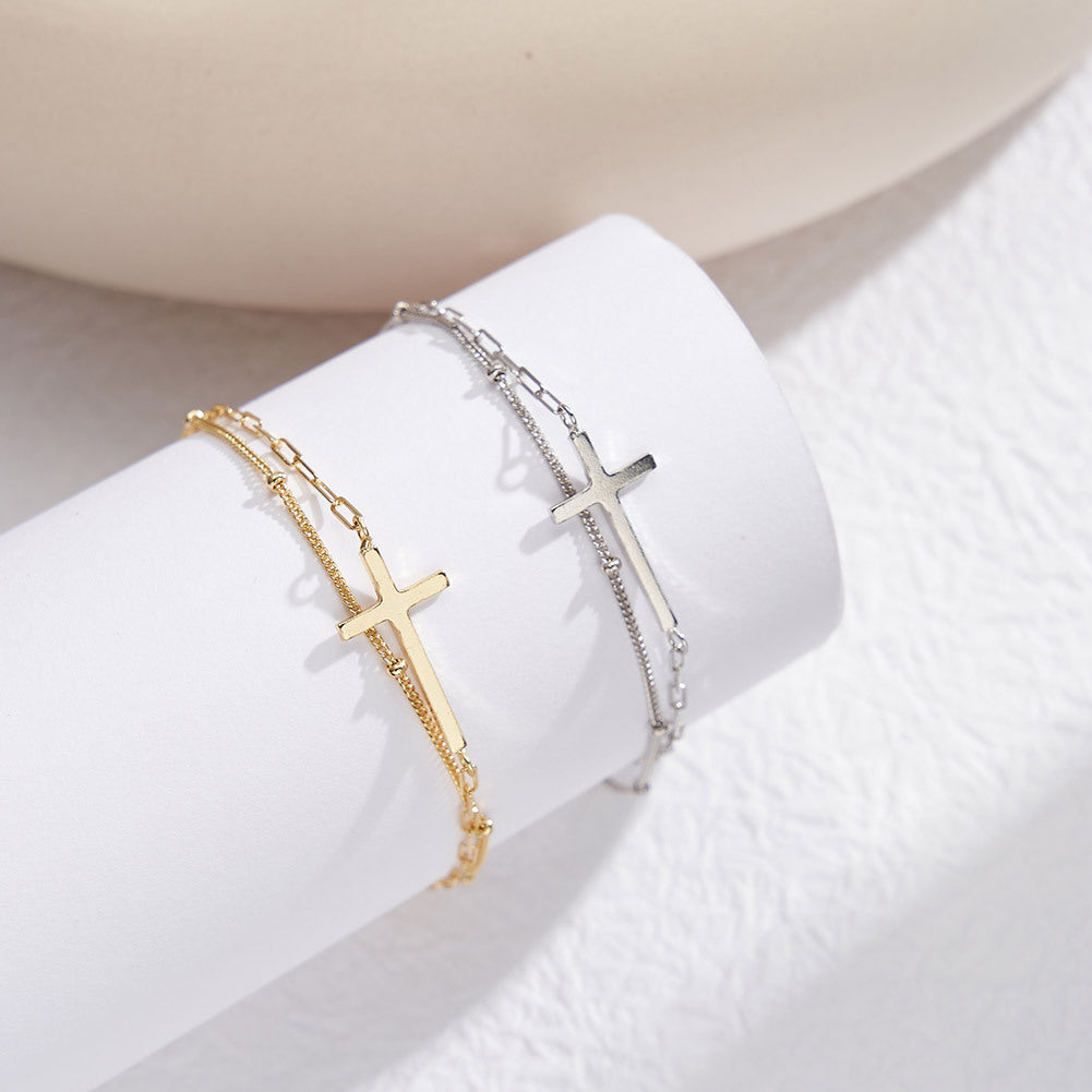 FaithLine™ S925 Sterling Silver Minimalist Double-Layer Cross Bracelet (Gold & Silver Edition)