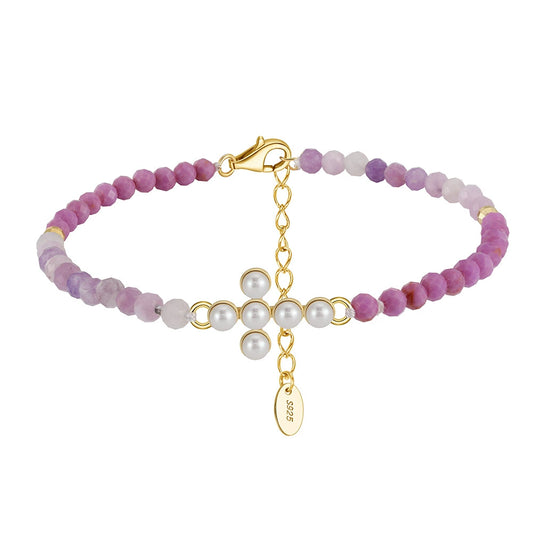 Minimal Cross Purple Lepidolite & Freshwater Pearl S925 Sterling Silver Bracelet