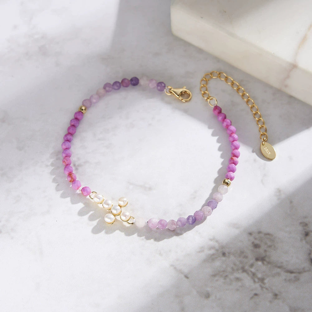 Minimal Cross Purple Lepidolite & Freshwater Pearl S925 Sterling Silver Bracelet