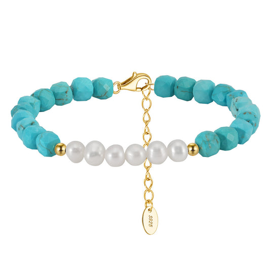 Handmade Freshwater Pearl & Natural Turquoise Beaded S925 Sterling Silver Bracelet