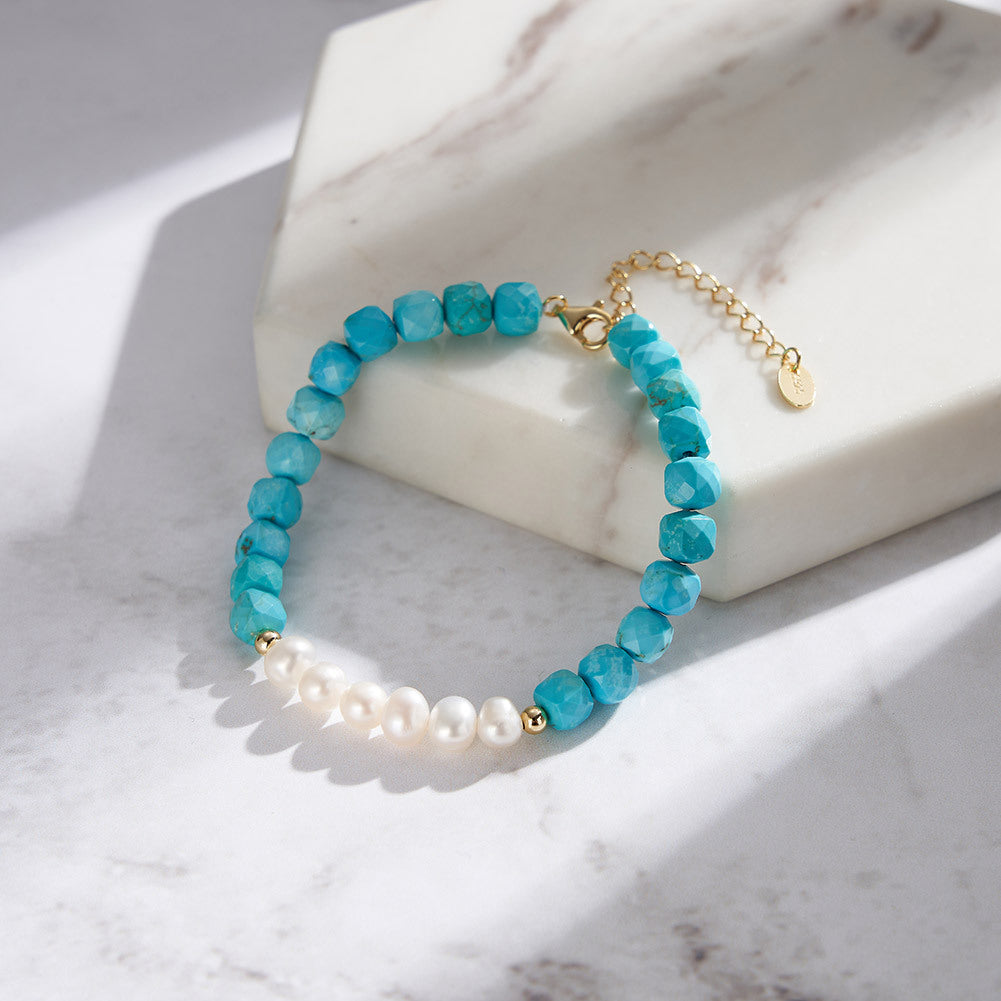 Handmade Freshwater Pearl & Natural Turquoise Beaded S925 Sterling Silver Bracelet
