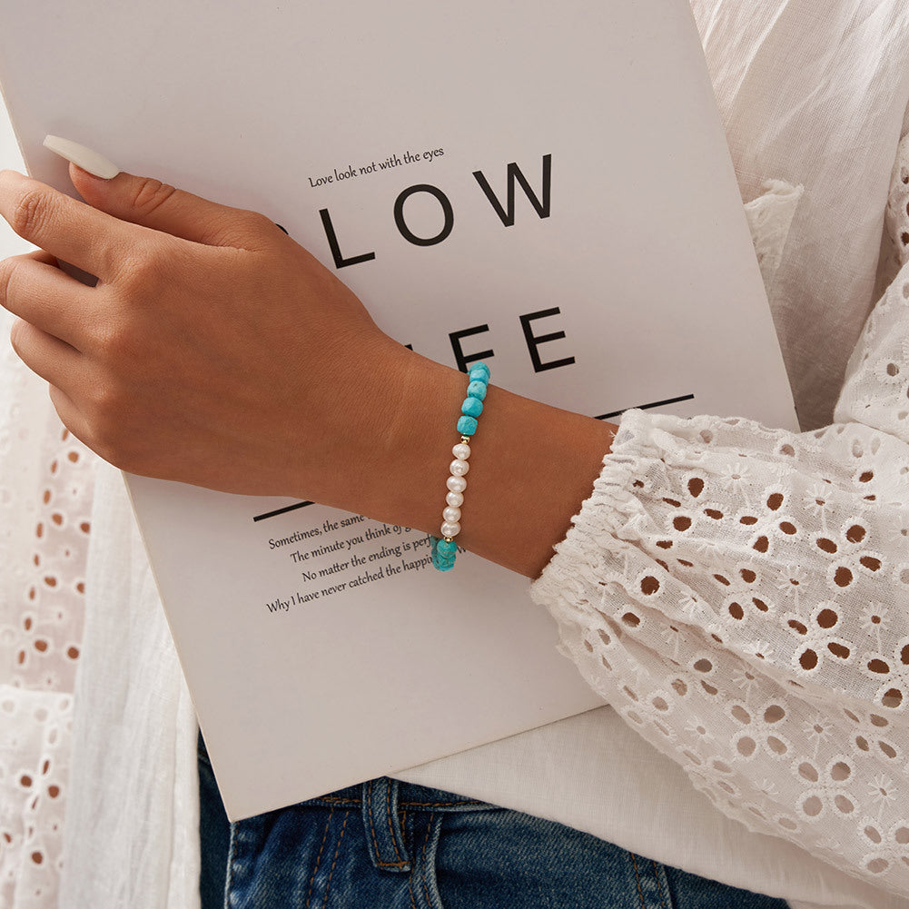 Handmade Freshwater Pearl & Natural Turquoise Beaded S925 Sterling Silver Bracelet