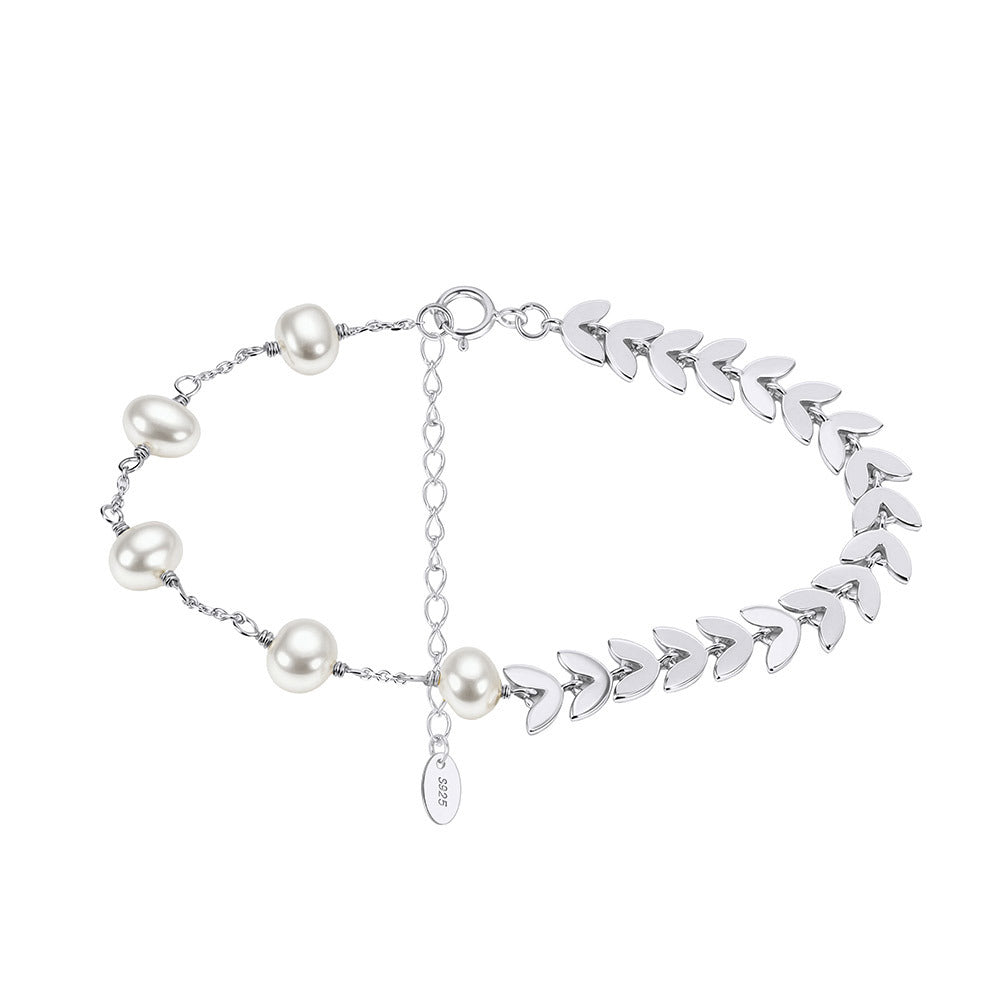S925 Sterling Silver Pearl Wheat Leaf Bracelet-Minimalist Nature-Inspired Designer Jewelry