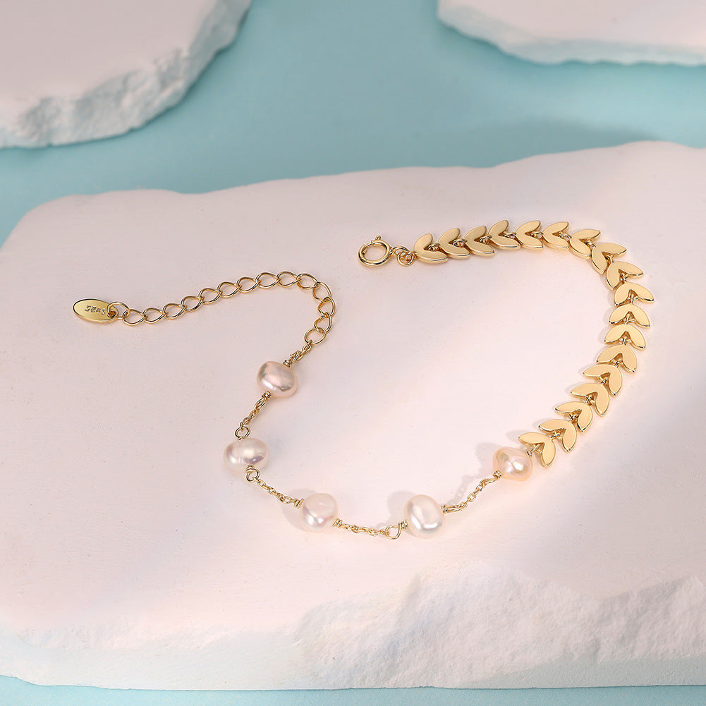 S925 Sterling Silver Pearl Wheat Leaf Bracelet-Minimalist Nature-Inspired Designer Jewelry