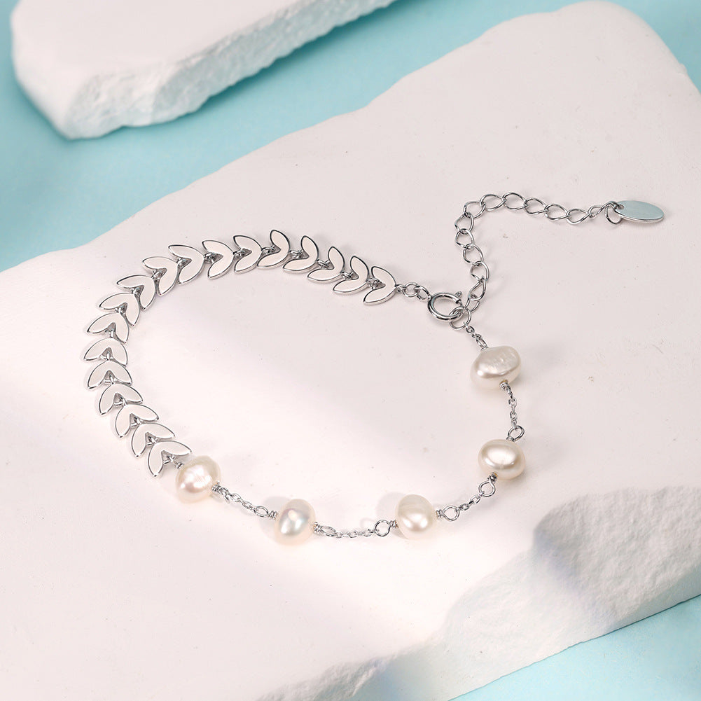 S925 Sterling Silver Pearl Wheat Leaf Bracelet-Minimalist Nature-Inspired Designer Jewelry