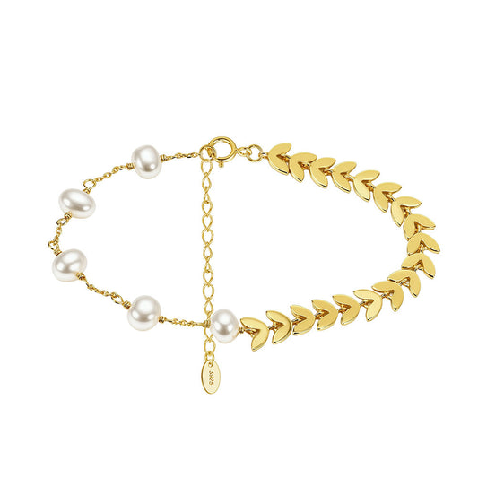 S925 Sterling Silver Pearl Wheat Leaf Bracelet-Minimalist Nature-Inspired Designer Jewelry