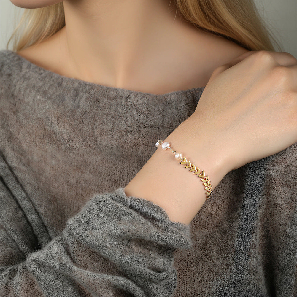 S925 Sterling Silver Pearl Wheat Leaf Bracelet-Minimalist Nature-Inspired Designer Jewelry