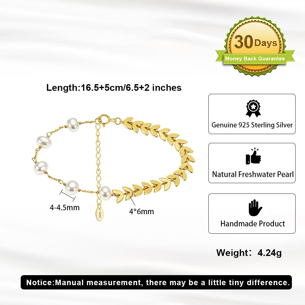 S925 Sterling Silver Pearl Wheat Leaf Bracelet-Minimalist Nature-Inspired Designer Jewelry