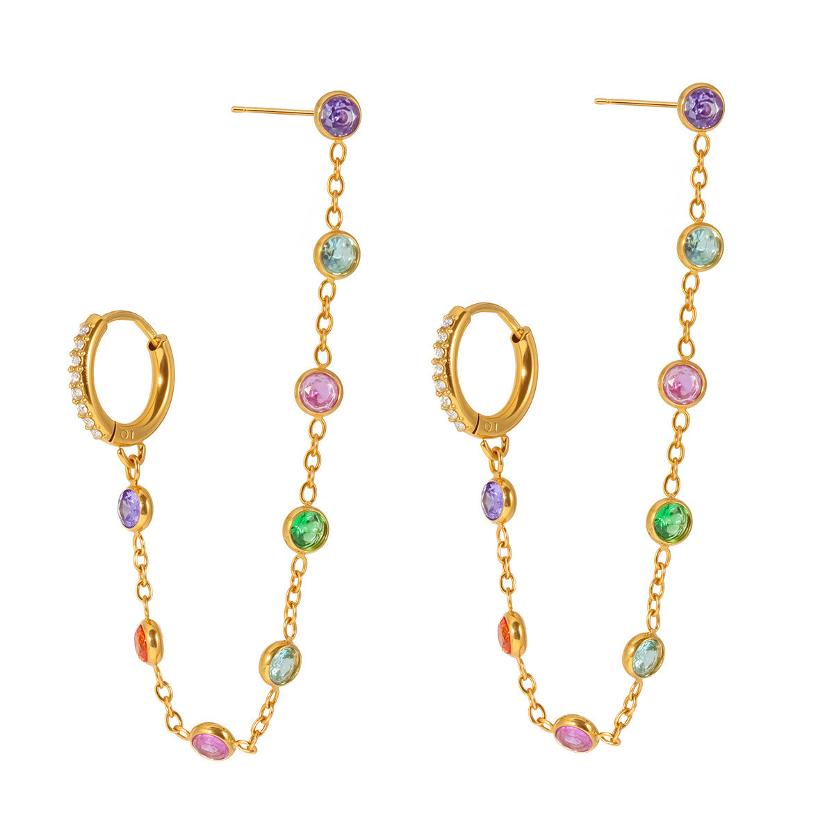 18K Gold Stainless Steel Colorful Zircon Tassel Earrings-Waterproof Fashion Jewelry for Women