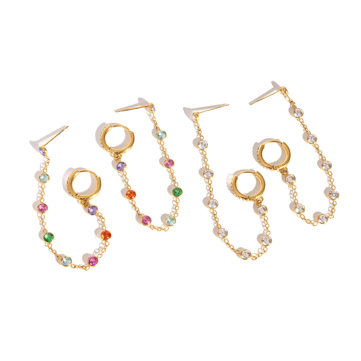 18K Gold Stainless Steel Colorful Zircon Tassel Earrings-Waterproof Fashion Jewelry for Women