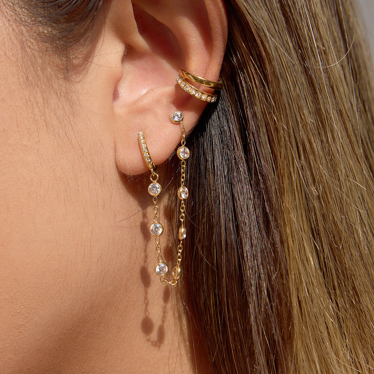 18K Gold Stainless Steel Colorful Zircon Tassel Earrings-Waterproof Fashion Jewelry for Women