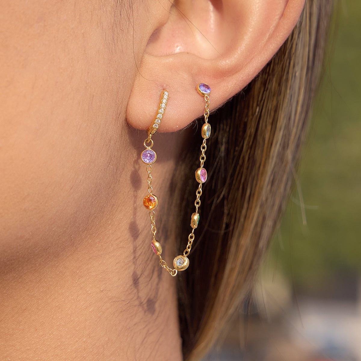 18K Gold Stainless Steel Colorful Zircon Tassel Earrings-Waterproof Fashion Jewelry for Women