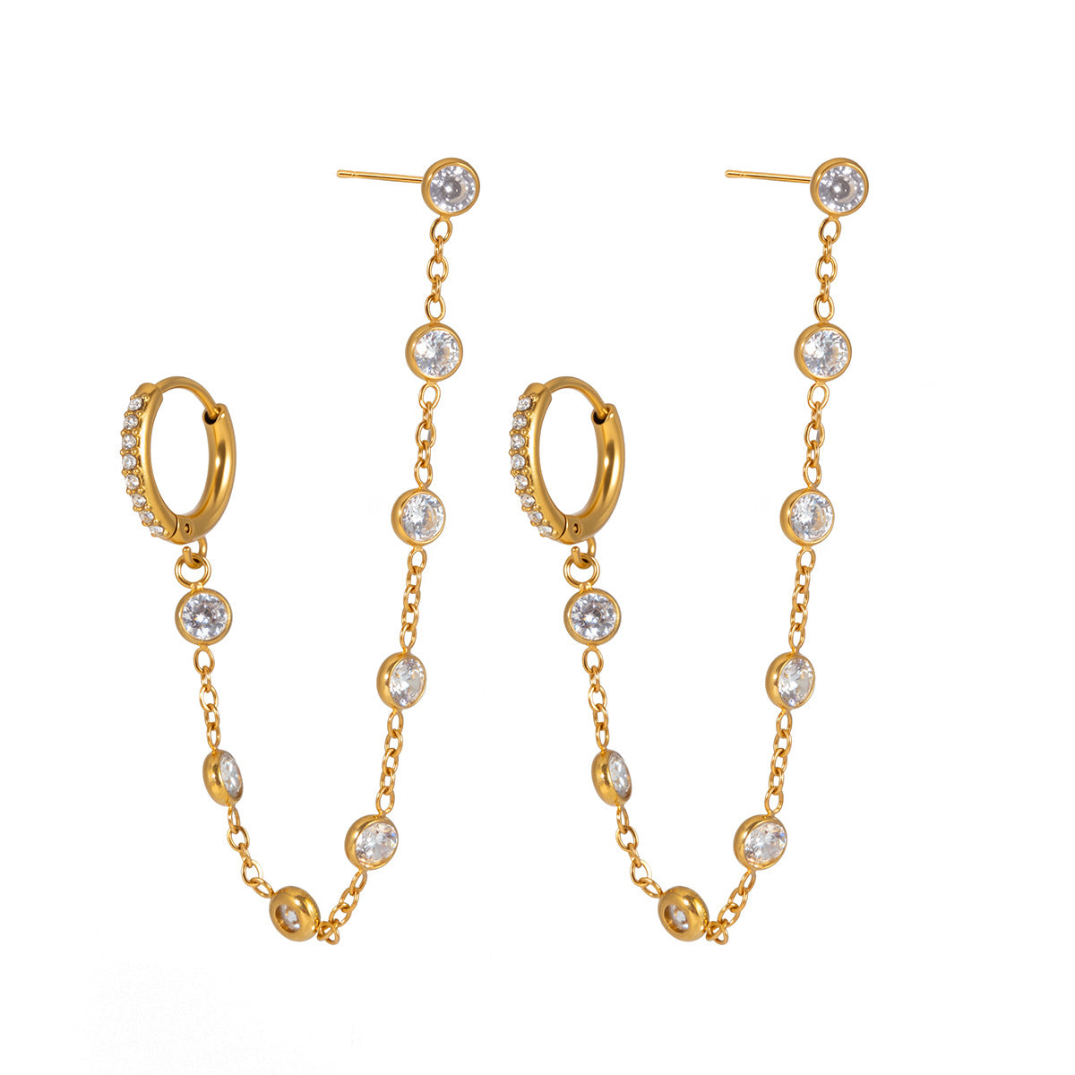 18K Gold Stainless Steel Colorful Zircon Tassel Earrings-Waterproof Fashion Jewelry for Women