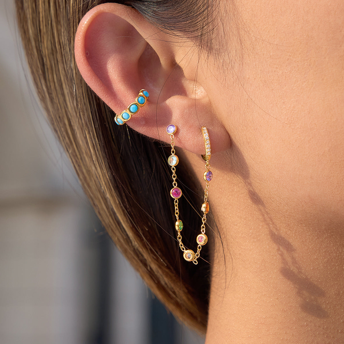 18K Gold Stainless Steel Colorful Zircon Tassel Earrings-Waterproof Fashion Jewelry for Women