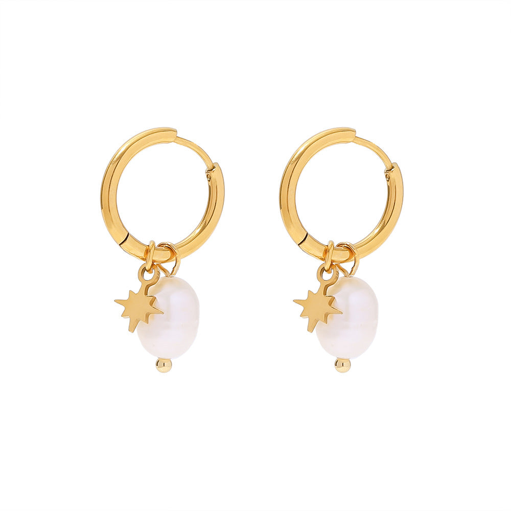 Celeste Freshwater Pearl Star Hoop Earrings-Gold Stainless Steel