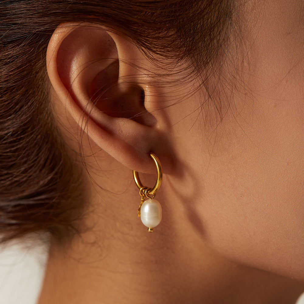 Celeste Freshwater Pearl Star Hoop Earrings-Gold Stainless Steel