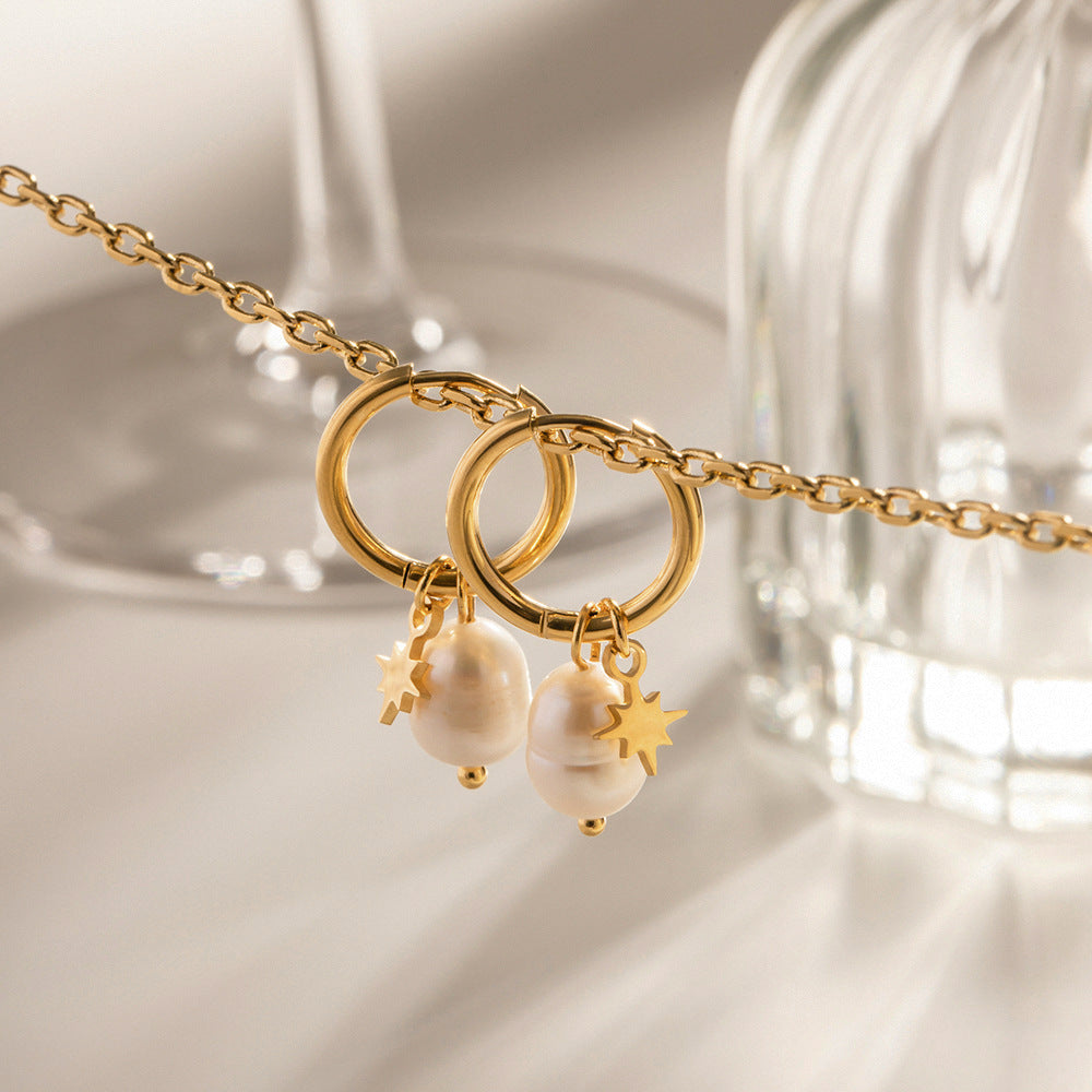 Celeste Freshwater Pearl Star Hoop Earrings-Gold Stainless Steel